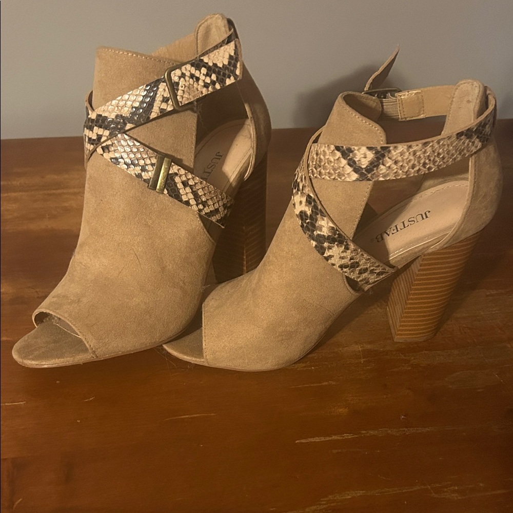 JustFab Tan Peep-Toe Heeled Sandals